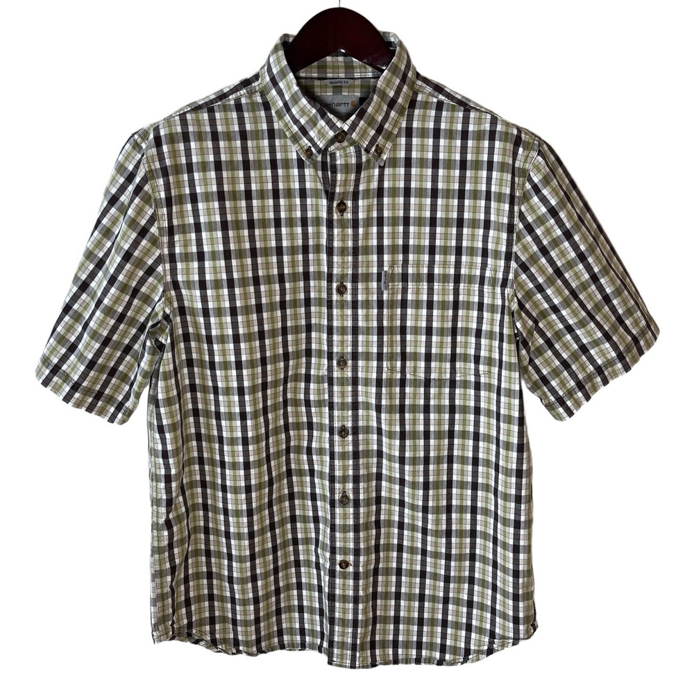 Carhartt Shirt Mens L Green Brown Plaid Cotton Short Sleeve Button Down Workwear